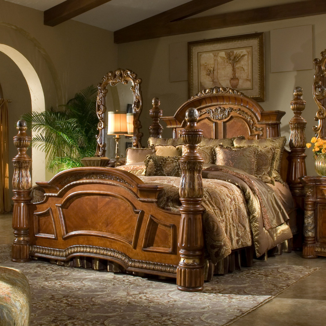 Eastern King Poster Bed  Classic Chestnut Finish villa valencia Collection By Michael Amini 72000EKP-55