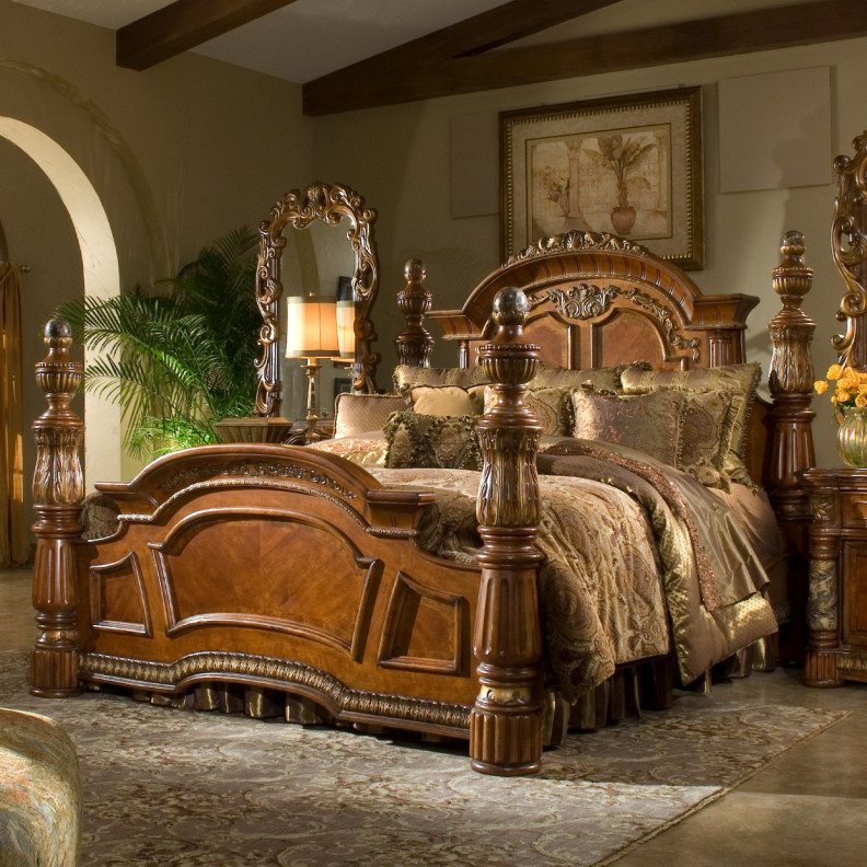 Eastern King Poster Bed  Classic Chestnut Finish villa valencia Collection By Michael Amini 72000EKP-55