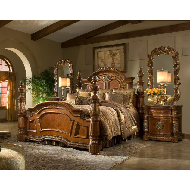 Eastern King Poster Bed  Classic Chestnut Finish villa valencia Collection By Michael Amini 72000EKP-55