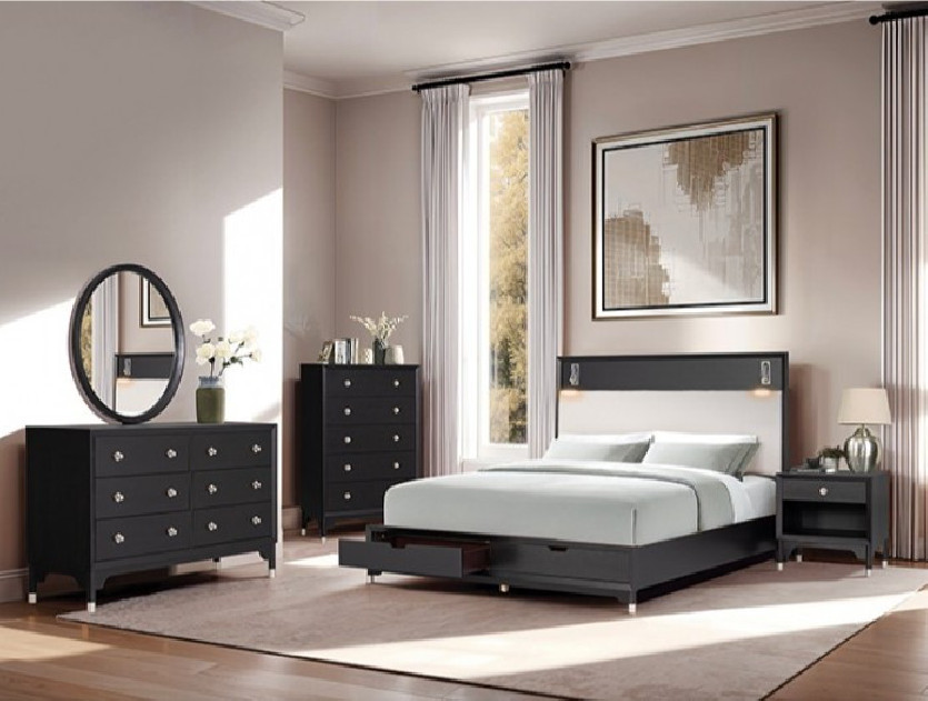 FM74002BK-Q-S 5PC Queen Bedroom Set Mid-Century Modern Style Black Finish Torrance Collection By Furniture of America