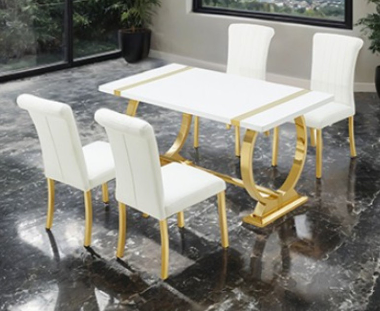 5PC Dining Set Stainless Steel Silver/White Finish Holstebro Collection by Furniture of America