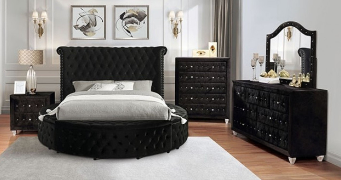 CM7178BK-Q  5PC Queen Bedroom Set  Glam Style Black Velvet Samson Style By Furniture of America