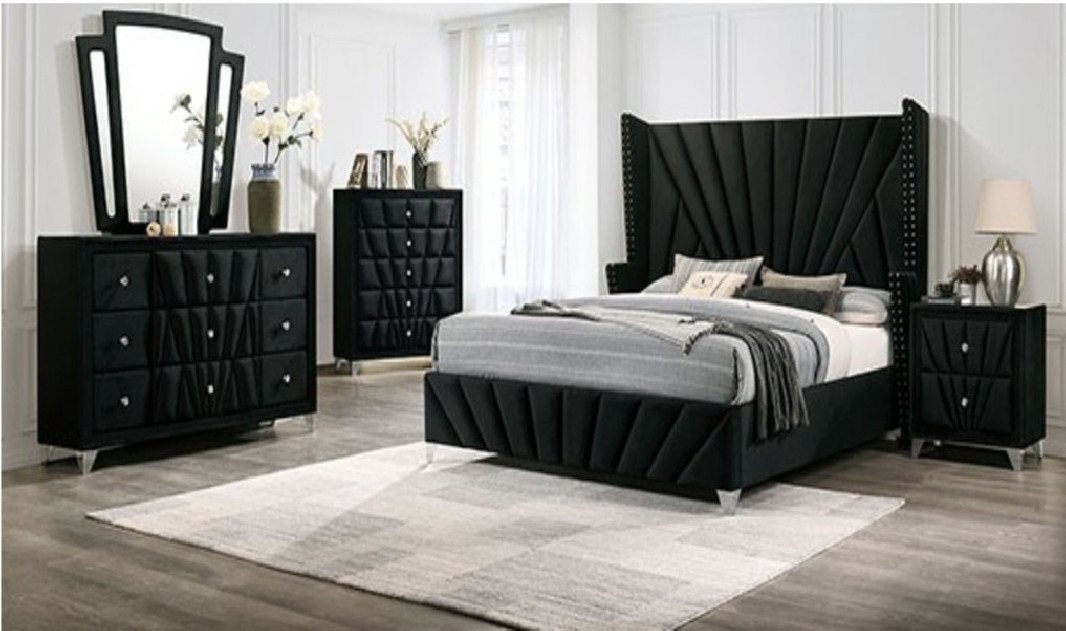 CM7164BK 5PC Queen Bedroom Set  Black Glam Style Carissa Collection By Furniture of America