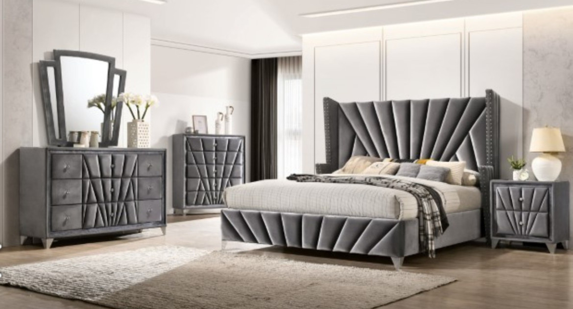 CM7164 5PC Queen Bedroom Set Gray Finish Glam Style Carissa Collection By Furniture of America