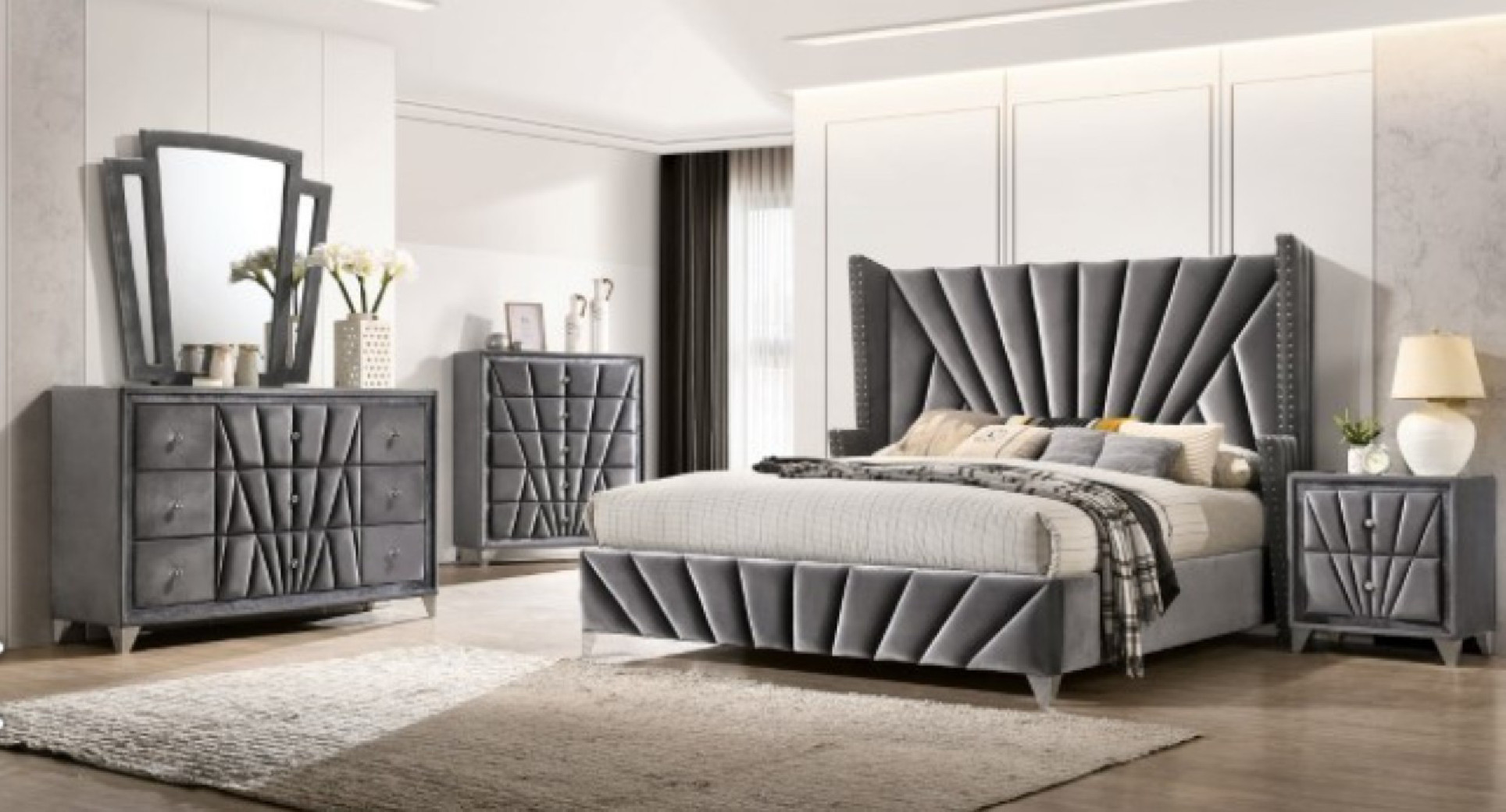 CM7164 5PC Queen Bedroom Set Gray Finish Glam Style Carissa Collection By Furniture of America