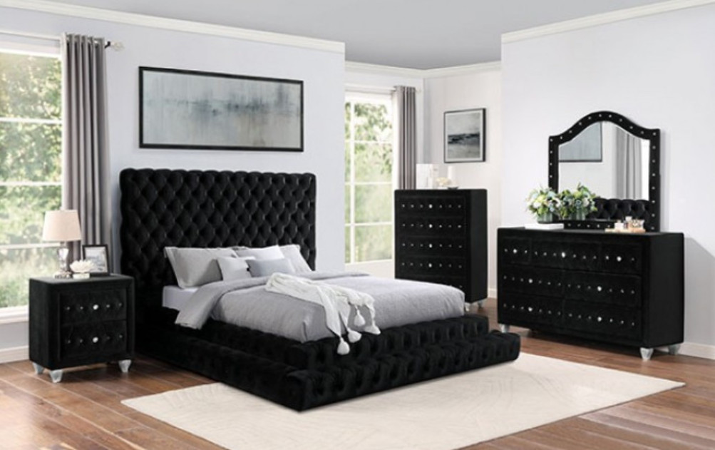 CM7227BK Queen Bedroom Set Black Glam Style Stefania Collection By Furniture of America