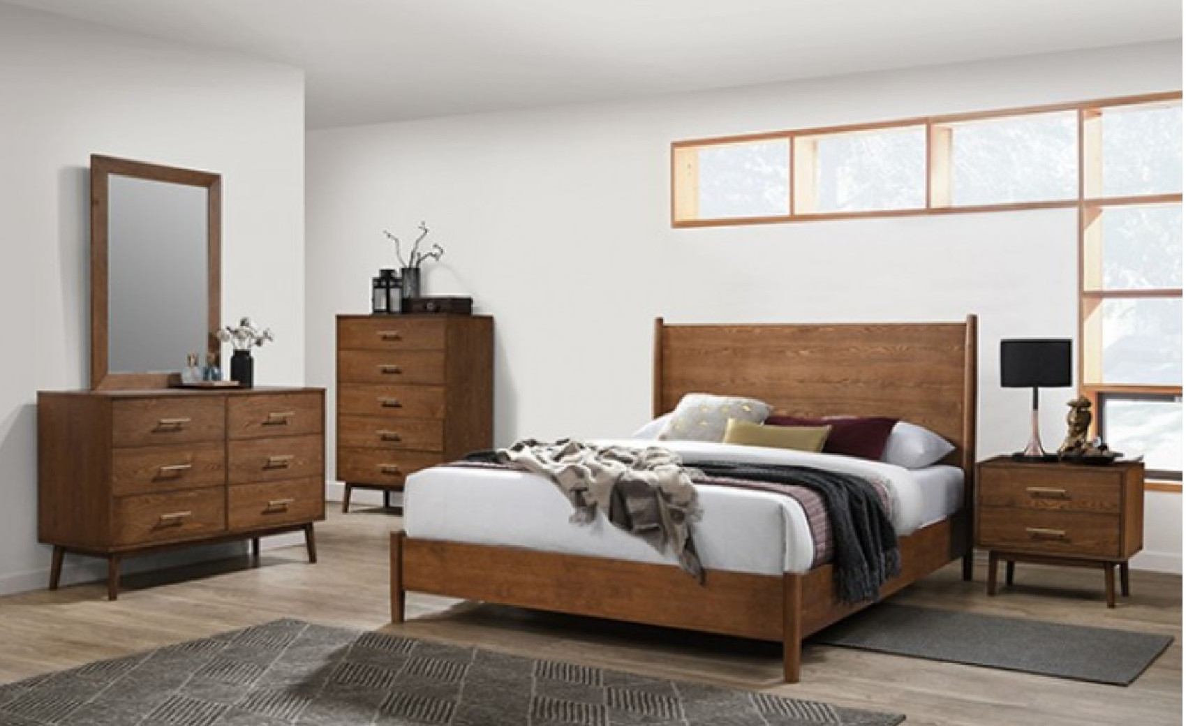 FM7220WN-Q 5PC Queen Bedroom Set  Mid-Century Modern Style walnut Finish Tromso Collection By Furniture of America
