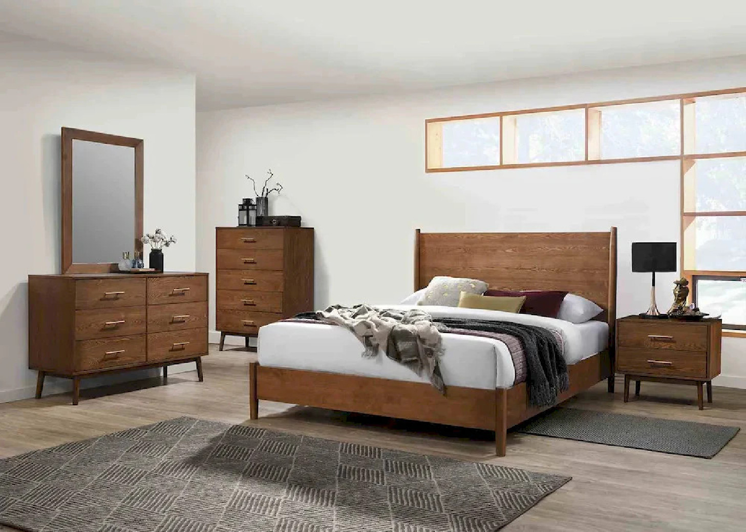 FM7220WN-Q 5PC Queen Bedroom Set  Mid-Century Modern Style walnut Finish Tromso Collection By Furniture of America