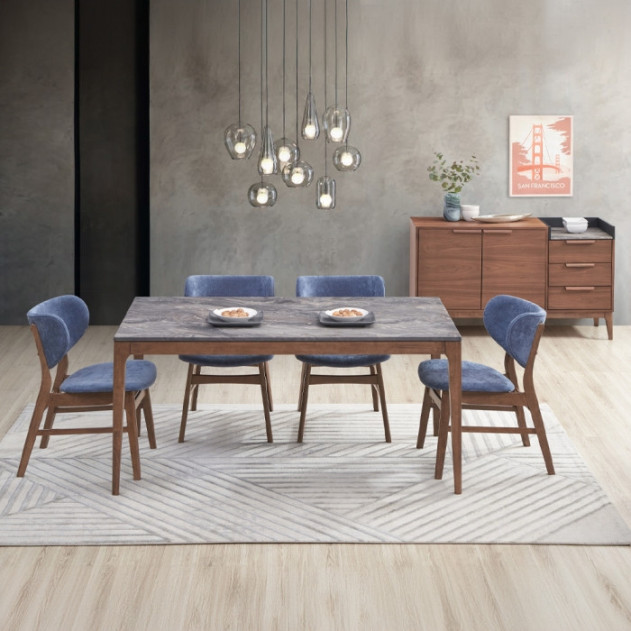 DN02312 5Pc Dining Set Blue Fabric & Walnut Finish Mid- Century Modern Style Bevis Collection By Acme Furniture
