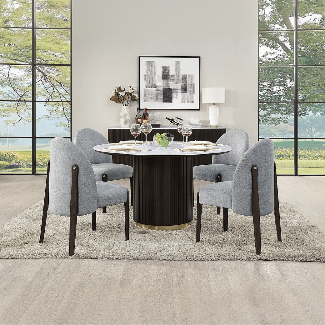 DN03950 5PC Dining set Round marble Top Clayten Gray Fabric Side Chairs Collection Mid-Century Modern Style by Acme Furniture
