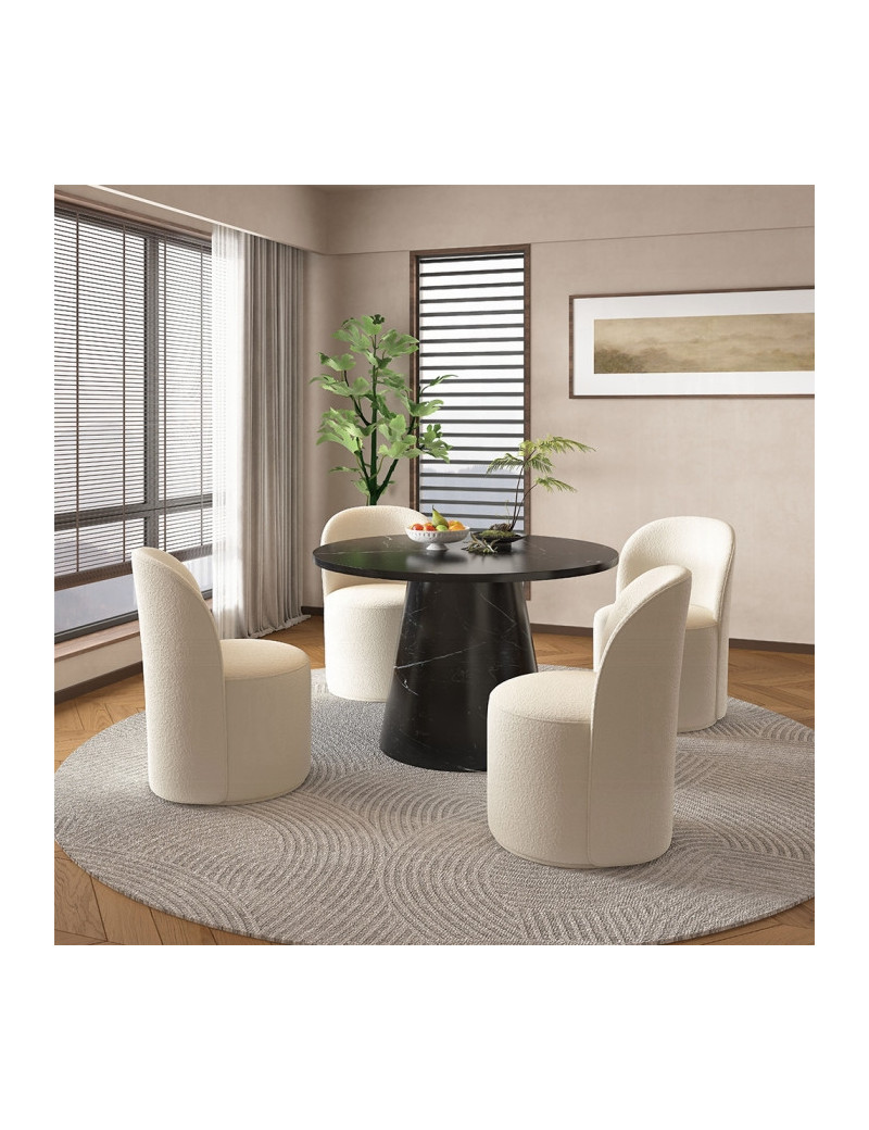 DN02155 5PC Dining set Black Round stone finish Table & Beige Boucle Chairs Mid-Century Modern style By Acme Furniture