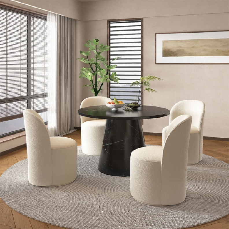 DN02155 5PC Dining set Black Round stone finish Table & Beige Boucle Chairs Mid-Century Modern style By Acme Furniture