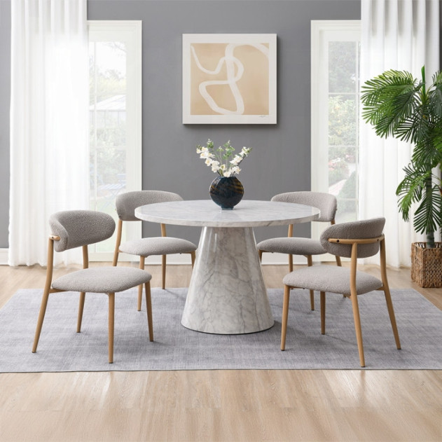 5PC Dining set Gray Round stone finish Table & Gray Boucle Chairs Mid-Century Modern style By Acme Furniture