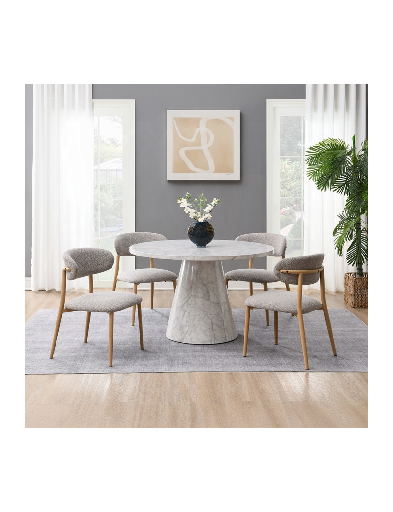 5PC Dining set Gray Round stone finish Table & Gray Boucle Chairs Mid-Century Modern style By Acme Furniture