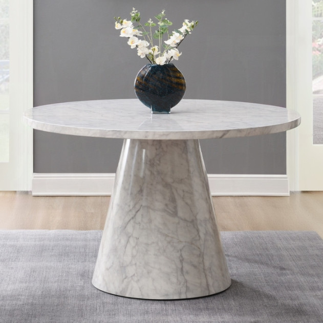 5PC Dining set Gray Round stone finish Table & Gray Boucle Chairs Mid-Century Modern style By Acme Furniture