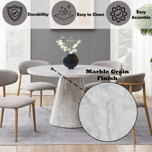 5PC Dining set Gray Round stone finish Table & Gray Boucle Chairs Mid-Century Modern style By Acme Furniture