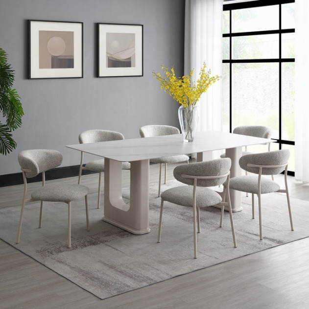 DN02706 7PC Dining set Mid-Century Modern Style Light Grey Boucle & Ceramic Top Kalam Collection by Acme Furniture