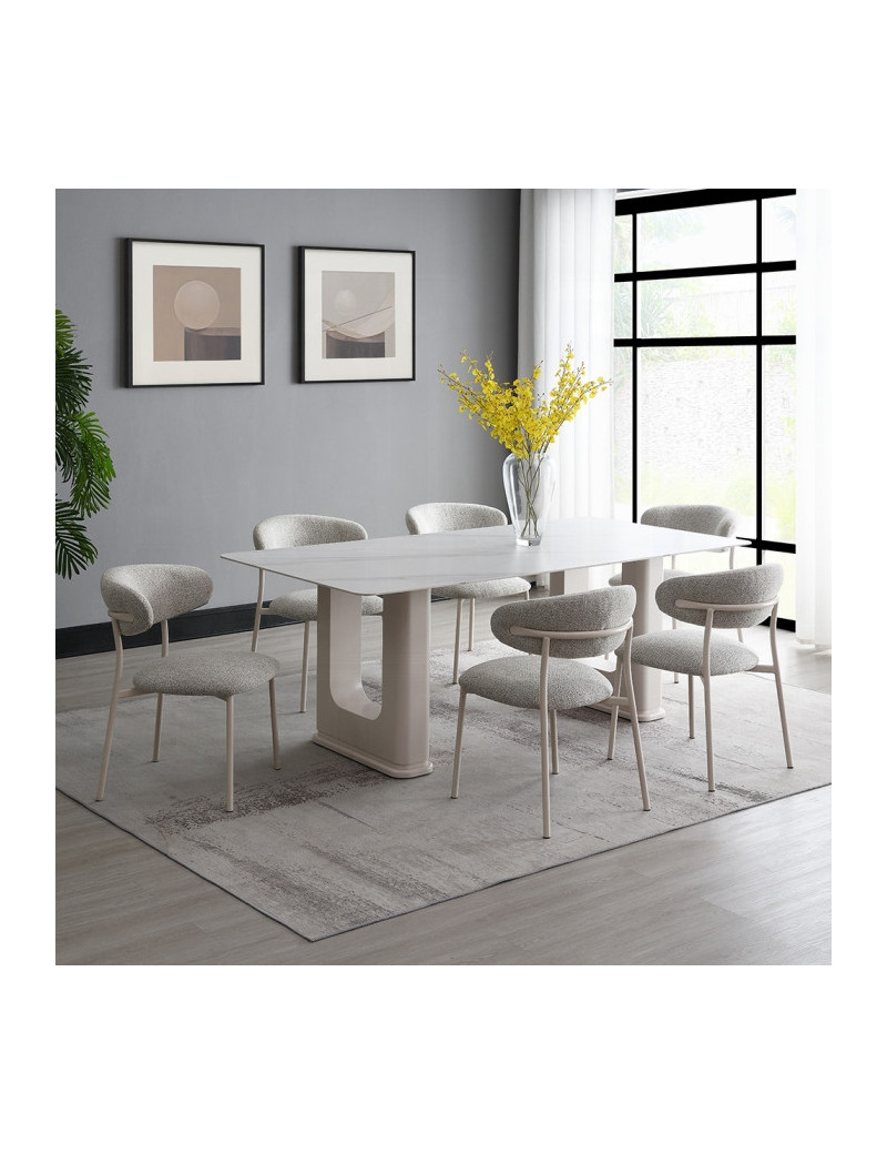 DN02706 7PC Dining set Mid-Century Modern Style Light Grey Boucle & Ceramic Top Kalam Collection by Acme Furniture