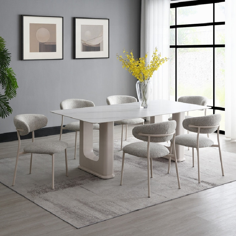 DN02706 7PC Dining set Mid-Century Modern Style Light Grey Boucle & Ceramic Top Kalam Collection by Acme Furniture