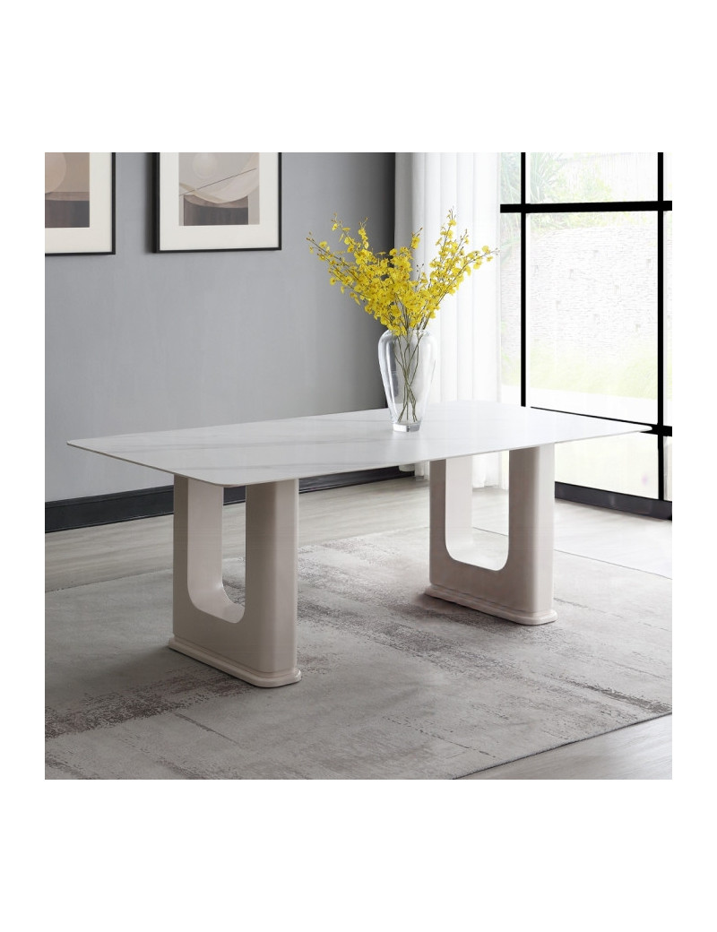 DN02706 7PC Dining set Mid-Century Modern Style Light Grey Boucle & Ceramic Top Kalam Collection by Acme Furniture