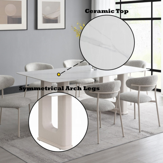 DN02706 7PC Dining set Mid-Century Modern Style Light Grey Boucle & Ceramic Top Kalam Collection by Acme Furniture