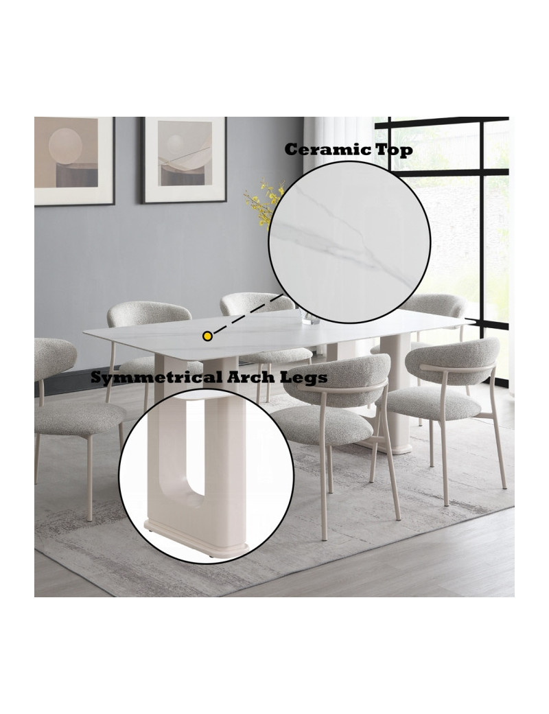 DN02706 7PC Dining set Mid-Century Modern Style Light Grey Boucle & Ceramic Top Kalam Collection by Acme Furniture