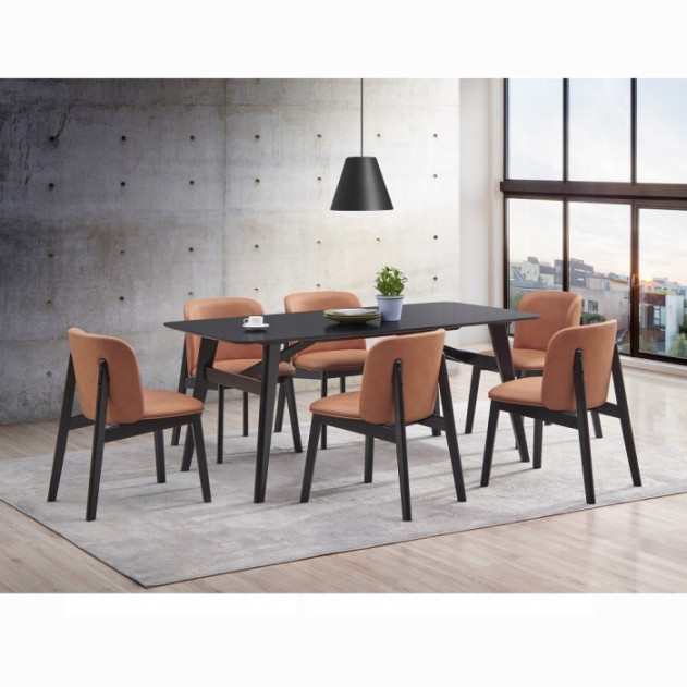 DN02366 7Pc Dining Set Mid-Century Modern Style Camel Microfiber & Black Finish Eliora Collection By Acme Furniture