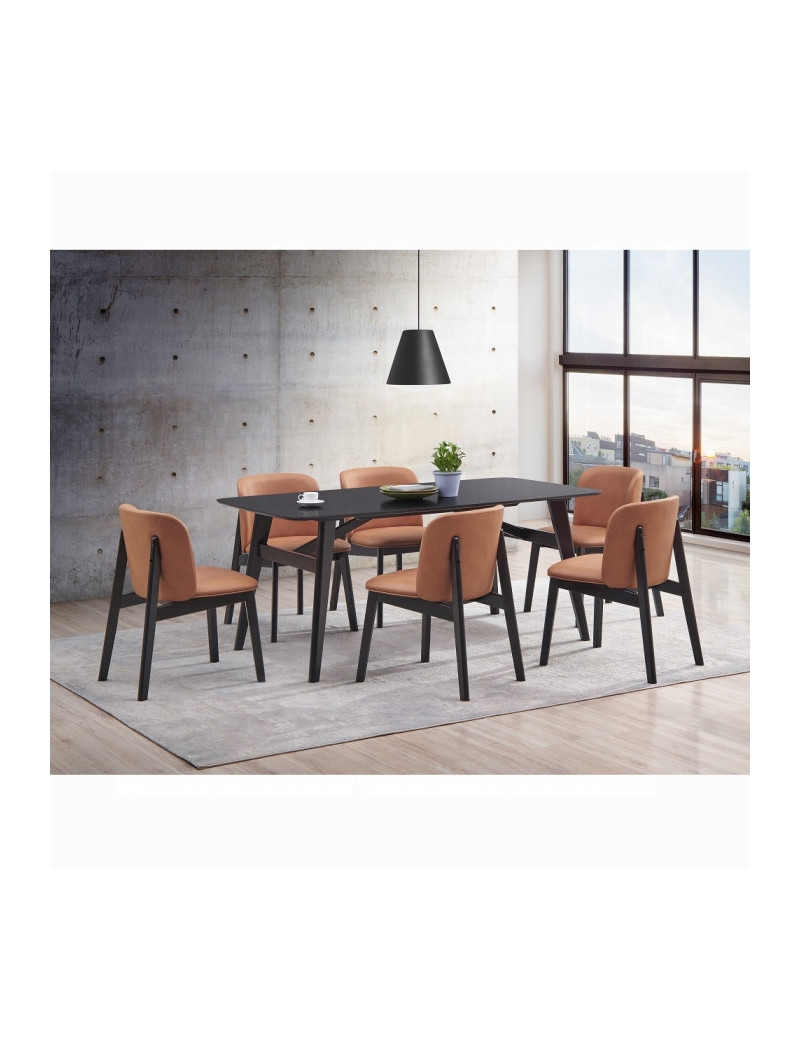 DN02366 7Pc Dining Set Mid-Century Modern Style Camel Microfiber & Black Finish Eliora Collection By Acme Furniture