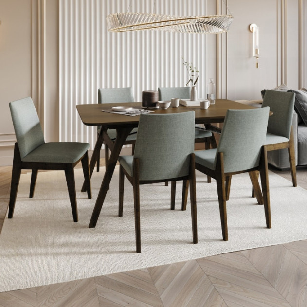 DN02925 7Pc Dining Set Kaela Light Gray Fabric & Walnut Mid-Century Modern Collection By Acme Furniture