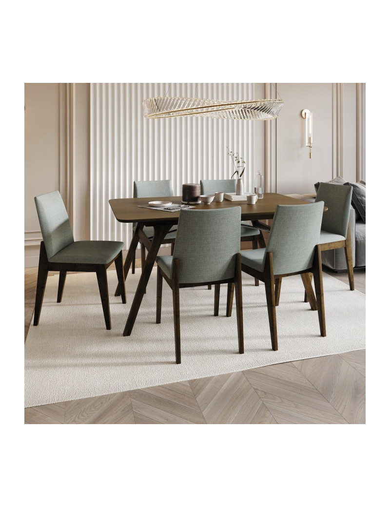 DN02925 7Pc Dining Set Kaela Light Gray Fabric & Walnut Mid-Century Modern Collection By Acme Furniture