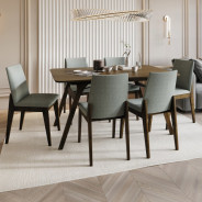 DN02925 7Pc Dining Set Kaela Light Gray Fabric & Walnut Mid-Century Modern Collection By Acme Furniture
