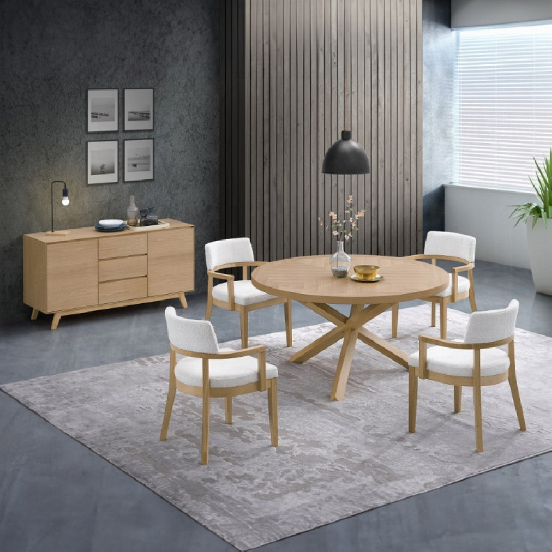 DN02615 5PC Kasem Dining Set Round Table Oak Finish Mid- Century Modern Style By Acme Furniture