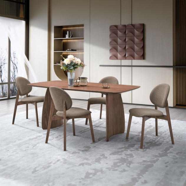 DN04165 5Pc Dining set Hadasa Collection Light Brown Linen & Walnut Finish Mid- Century Modern Style By Acme Furniture