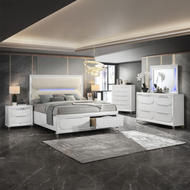 BD02317Q Queen Bed Set LED White Boucle & Pearl White Tarian Collection Glam Style By Acme Furniture