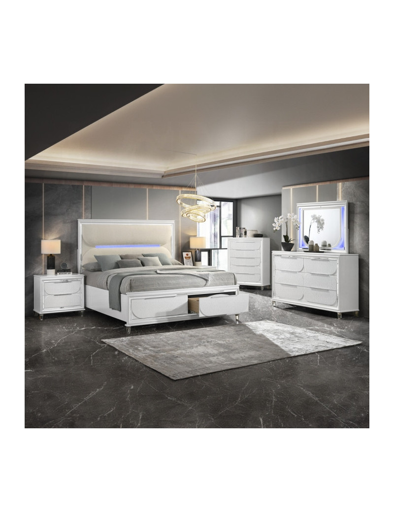 BD02317Q Queen Bed Set LED White Boucle & Pearl White Tarian Collection Glam Style By Acme Furniture