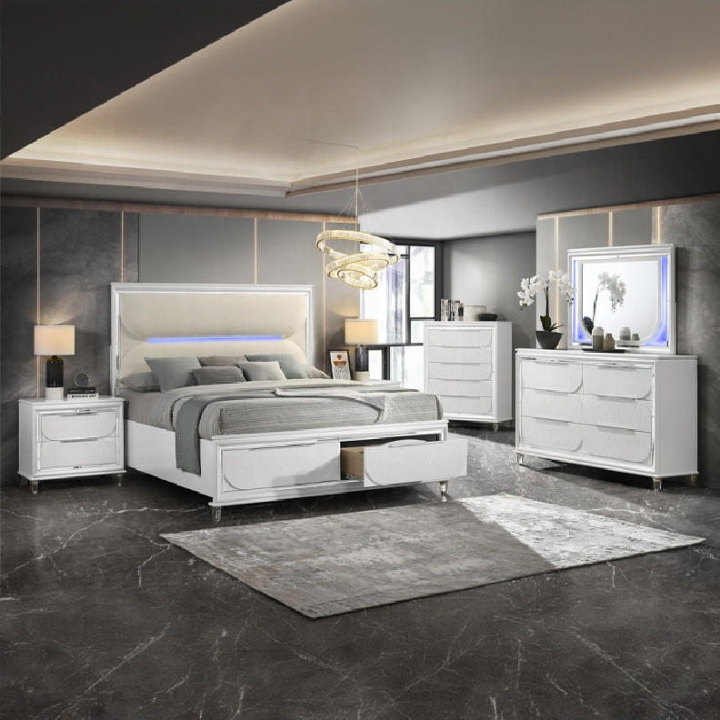 BD02317Q Queen Bed Set LED White Boucle & Pearl White Tarian Collection Glam Style By Acme Furniture