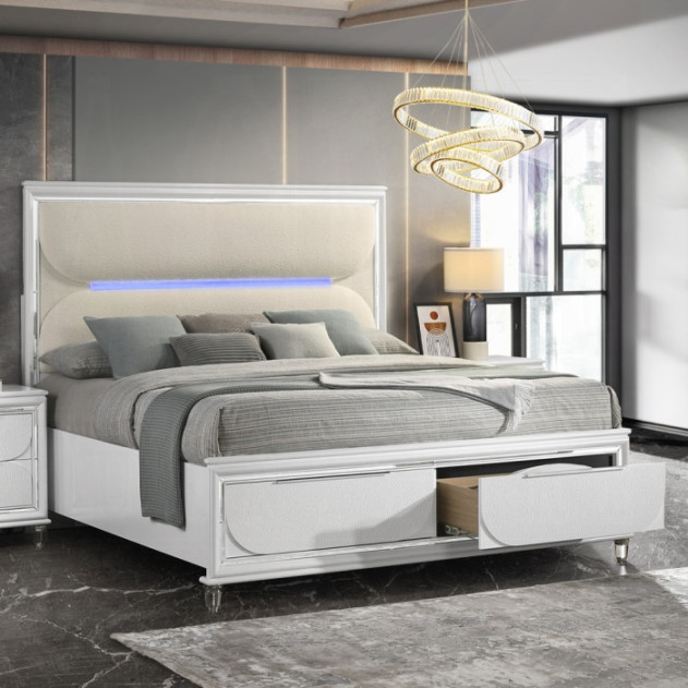 BD02317Q Queen Bed Set LED White Boucle & Pearl White Tarian Collection Glam Style By Acme Furniture