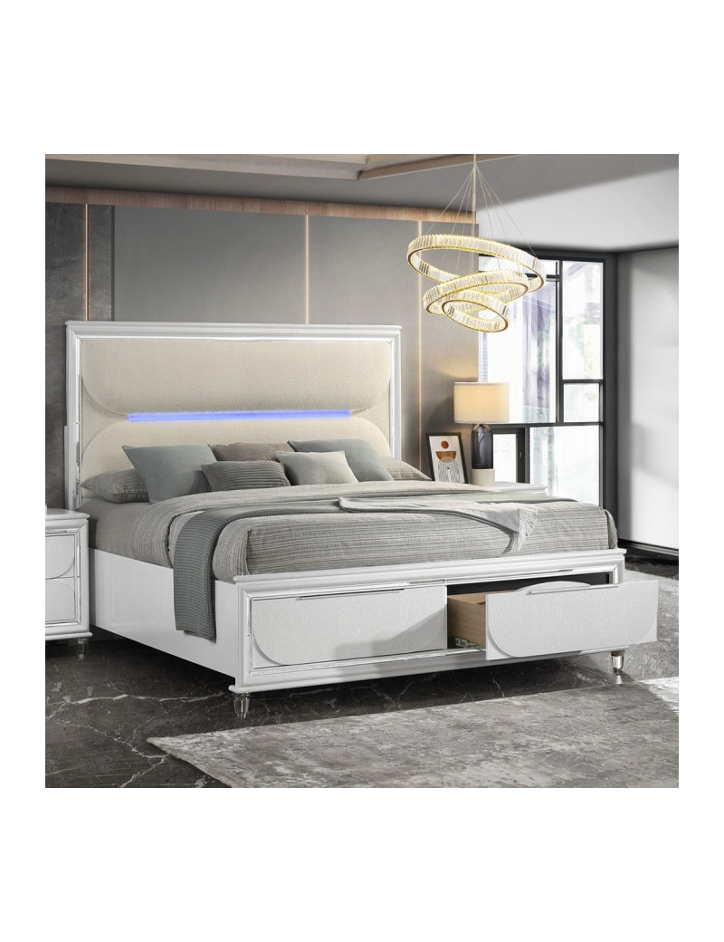 BD02317Q Queen Bed Set LED White Boucle & Pearl White Tarian Collection Glam Style By Acme Furniture