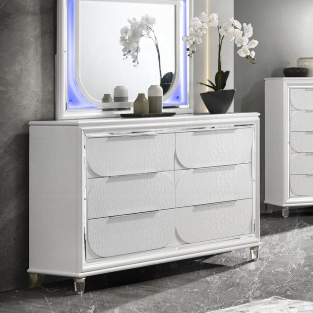 BD02317Q Queen Bed Set LED White Boucle & Pearl White Tarian Collection Glam Style By Acme Furniture