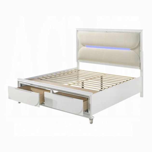 BD02317Q Queen Bed Set LED White Boucle & Pearl White Tarian Collection Glam Style By Acme Furniture