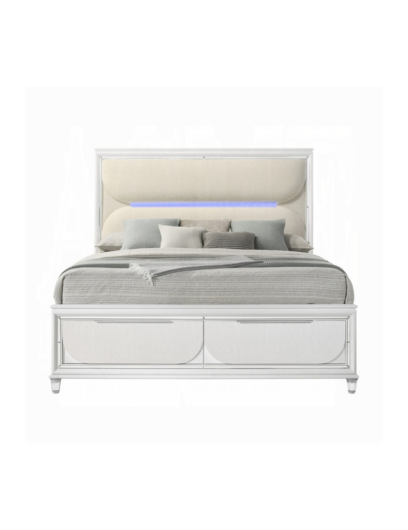 BD02317Q Queen Bed Set LED White Boucle & Pearl White Tarian Collection Glam Style By Acme Furniture