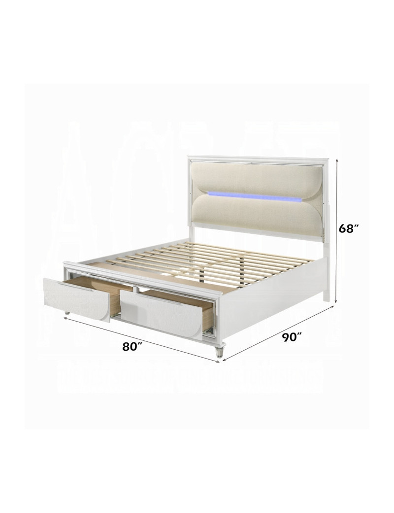 BD02317Q Queen Bed Set LED White Boucle & Pearl White Tarian Collection Glam Style By Acme Furniture