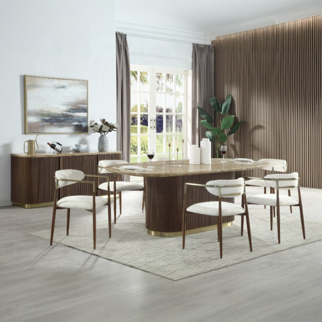 DN07000 7Pc Dining Set Table w/Natural Marble Top Clayten Collection Mid-Century Modern Style by Acme Furniture