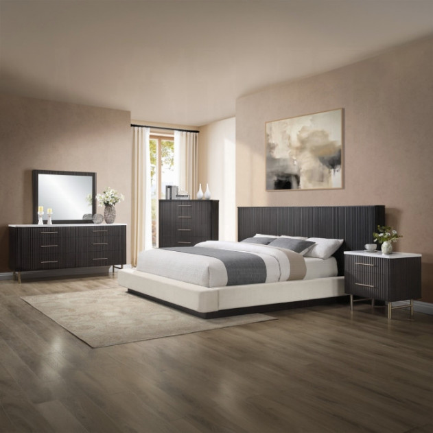 BD04242Q Queen Bed  Beige Linen & Espresso Finish Clayten Collection Mid-Century Modern Style By Acme Furniture