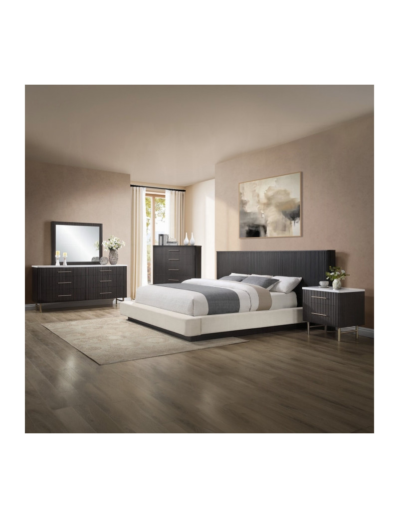 BD04242Q Queen Bed  Beige Linen & Espresso Finish Clayten Collection Mid-Century Modern Style By Acme Furniture