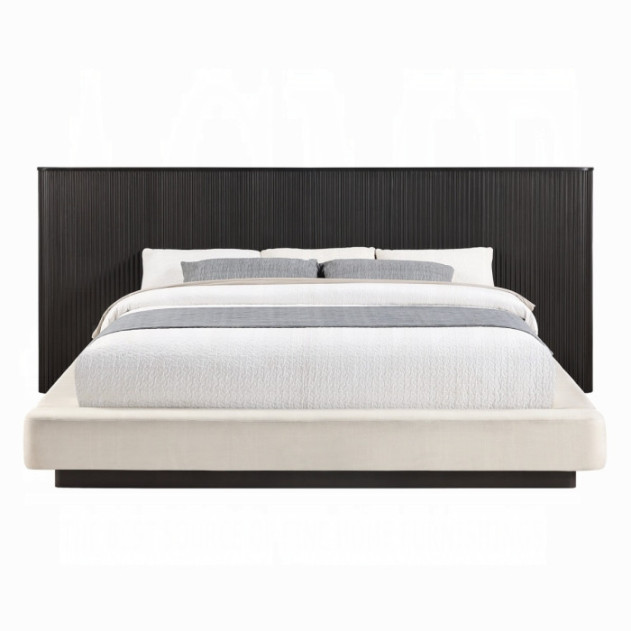 BD04242Q Queen Bed  Beige Linen & Espresso Finish Clayten Collection Mid-Century Modern Style By Acme Furniture