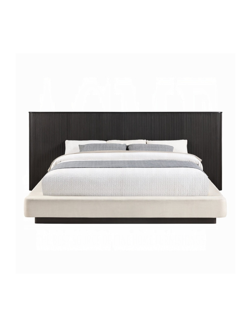 BD04242Q Queen Bed  Beige Linen & Espresso Finish Clayten Collection Mid-Century Modern Style By Acme Furniture