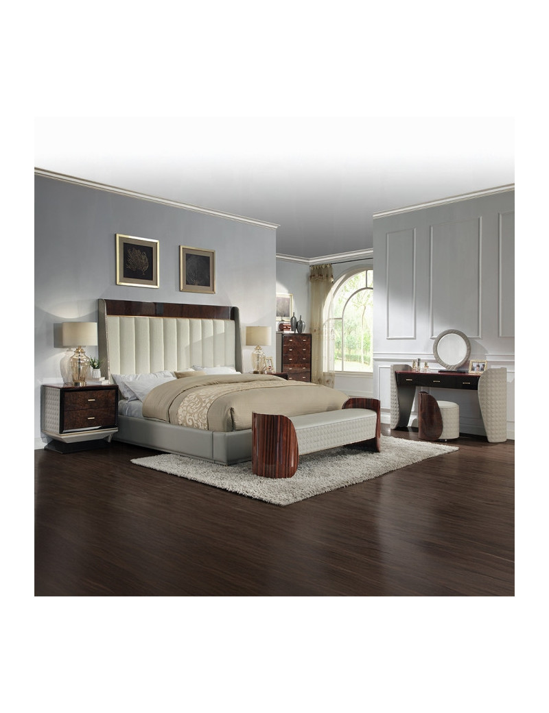 BD20021EK Bed Beige Linen & Glossy Wood Grain Top Jamonica Collection Glam Style by Acme Furniture