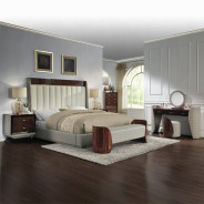 BD20021EK Bed Beige Linen & Glossy Wood Grain Top Jamonica Collection Glam Style by Acme Furniture