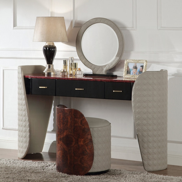 BD20021EK Bed Beige Linen & Glossy Wood Grain Top Jamonica Collection Glam Style by Acme Furniture